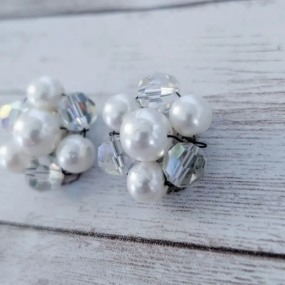 Vintage Clip On Earrings Faux Pearl & Iridescent Cluster Statement